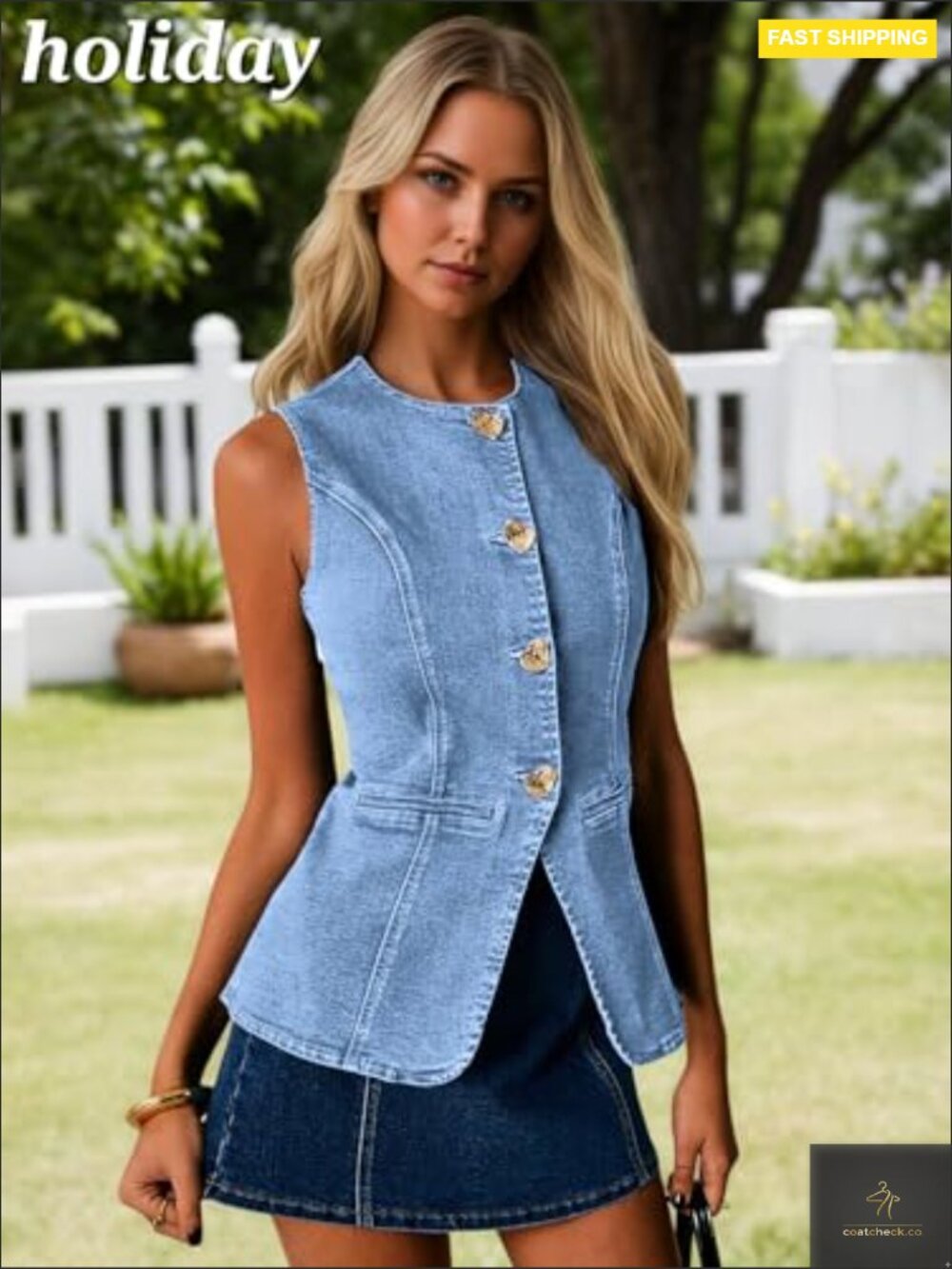 Slim Fit Denim Vest Blazer Sleeveless Crew Neck Button Down Western Y2K - Picture 4 of 7